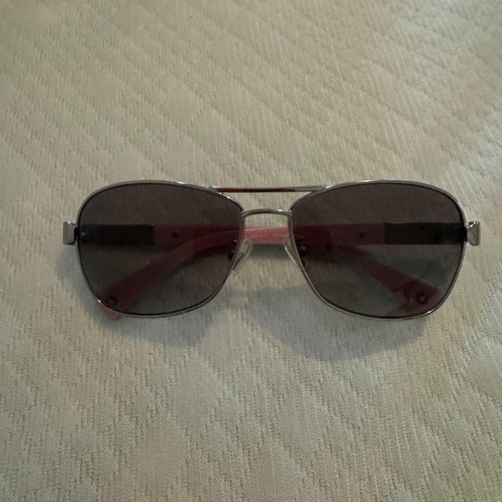 Coach Silver Frame Sunglasses with Dark Gray Lenses and Pink Temples